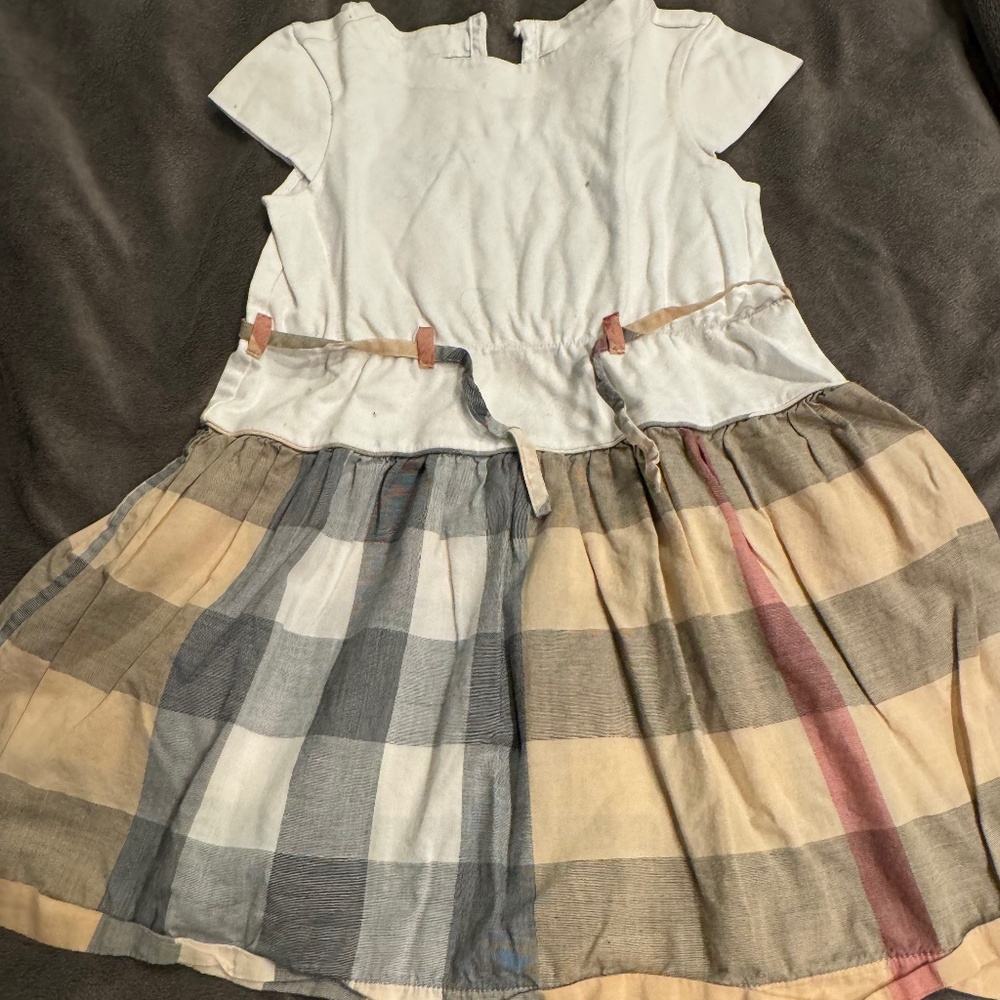 Burberry White Top with Beige, Gray and Pink Plaid Skirt Girls Casual Dress